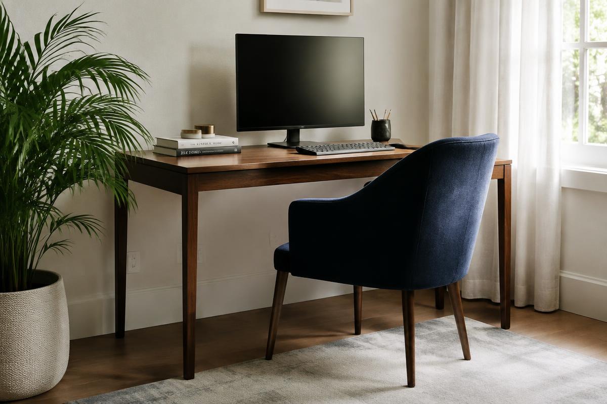 Tidy home office with a monitor, books and a navy chair