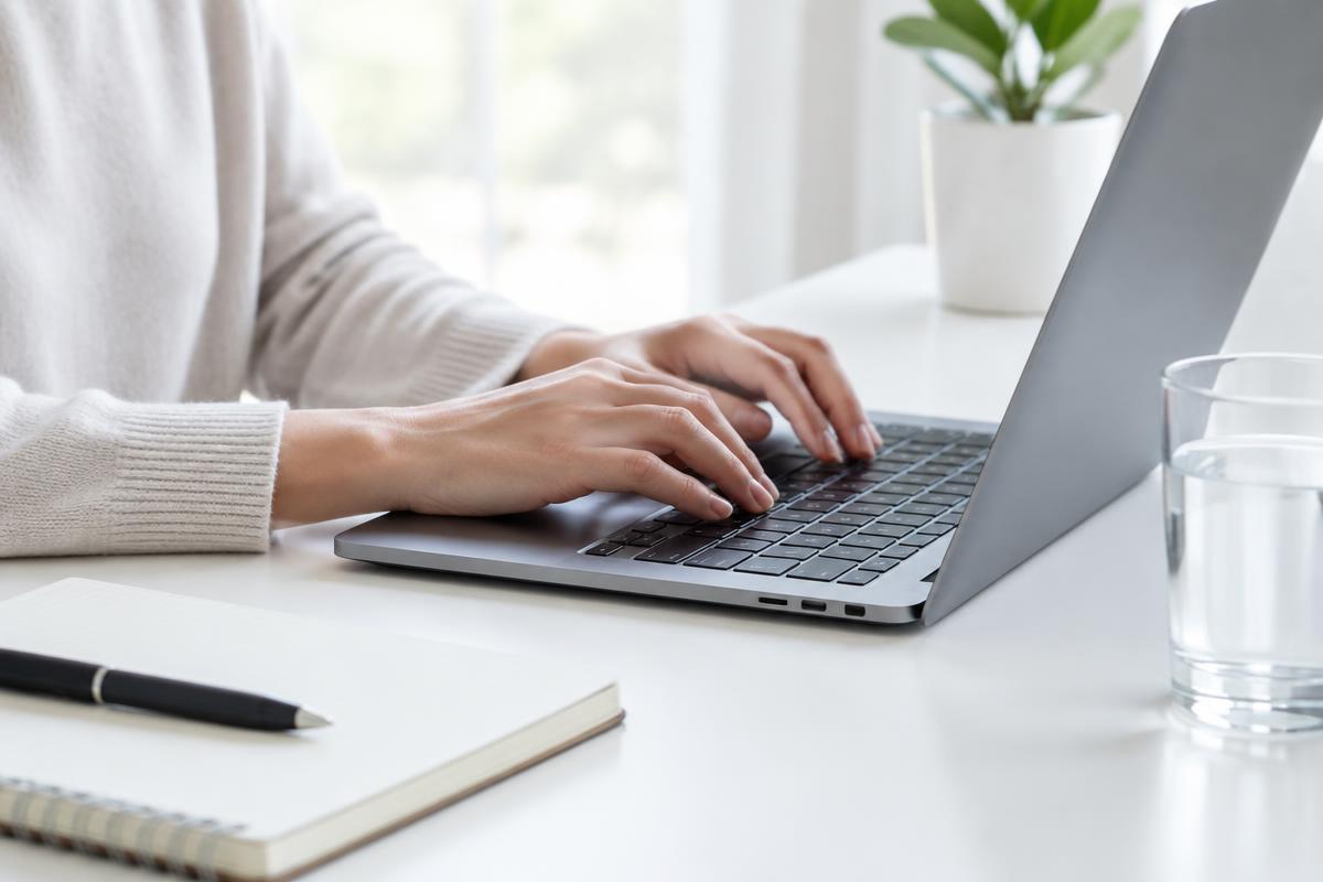 Hands typing on a laptop at a bright minimal desk