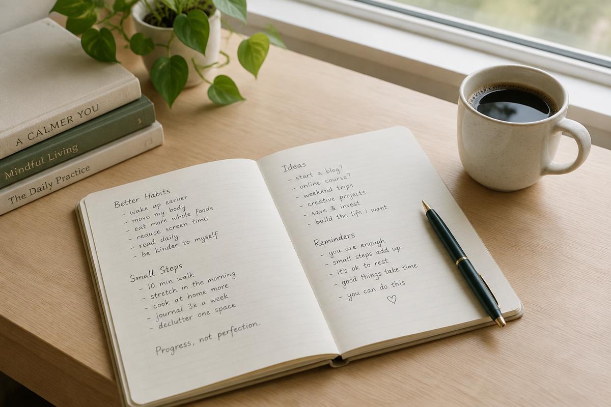 Open notebook with handwritten study notes beside a cup of coffee