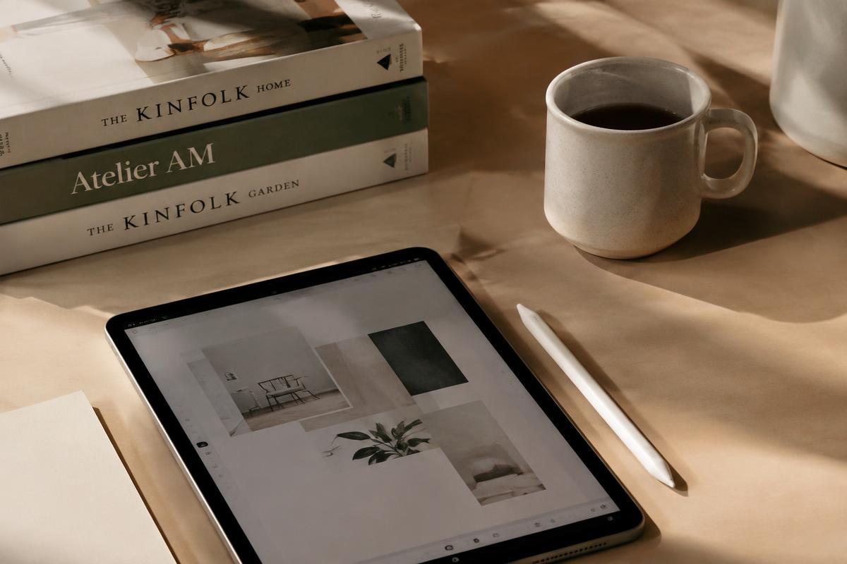 Tablet and stylus beside design books on a warm neutral desk