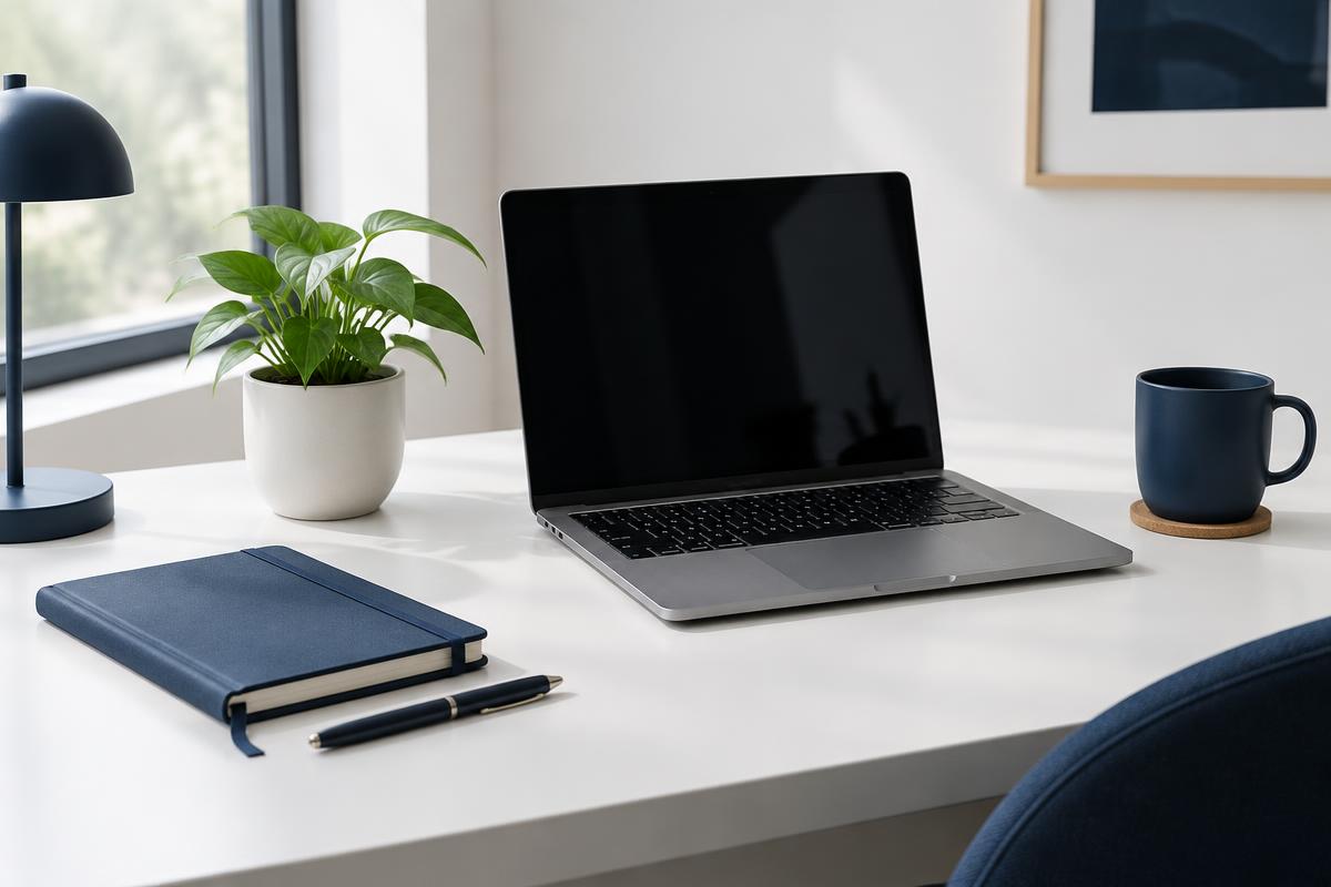 Laptop on a white desk with a navy notebook and plant