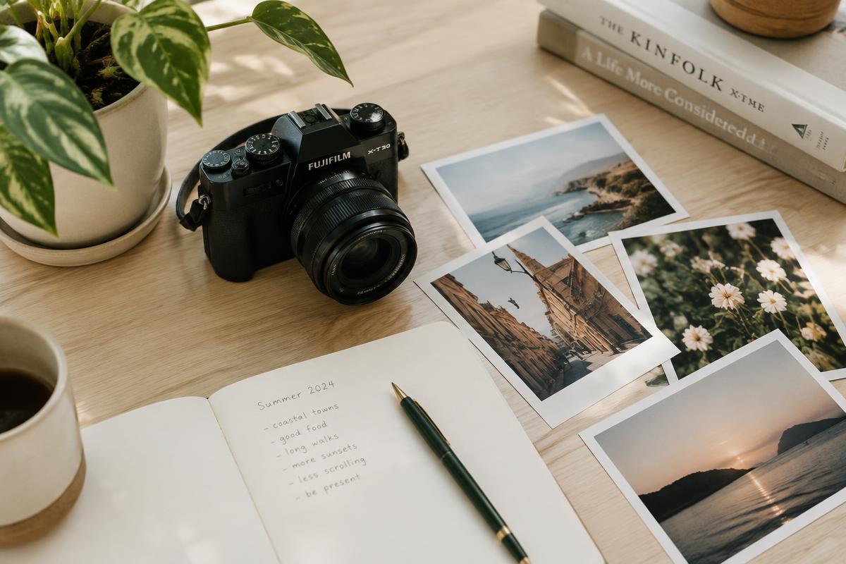 Camera, notebook and printed photographs on a light wooden desk